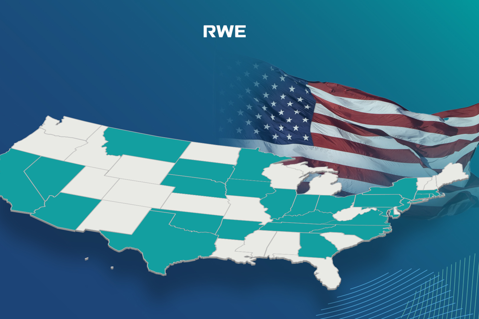 A map of the United States with highlighted states in teal and an overlay of the American flag. Text reads 'RWE'.