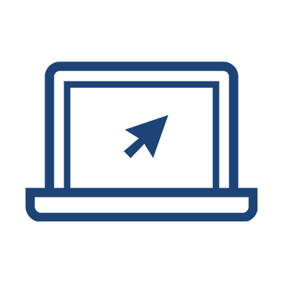 A simplified icon of a laptop with a cursor on the screen, symbolising digital interaction.